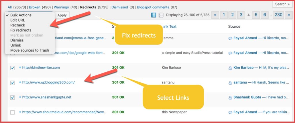 fix broken links 301 redirect wordpress