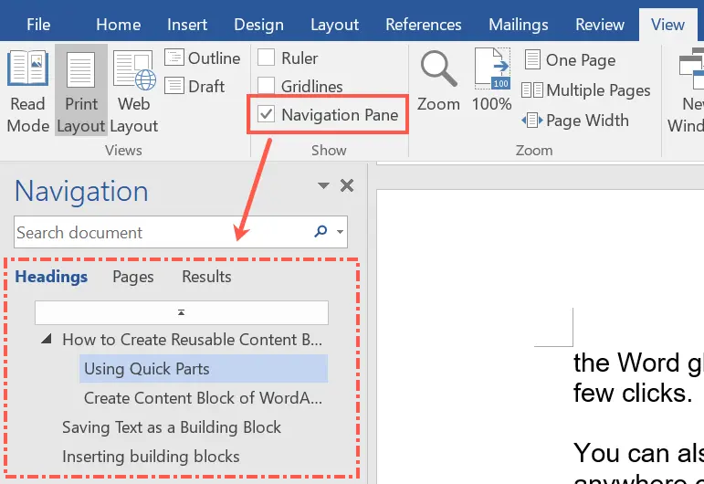 create a quick part in word